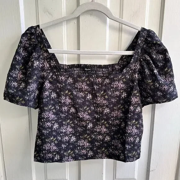 Madewell Floral Smocked Puff Sleeve Top | Dark Romantic Print - Picture 2 of 7